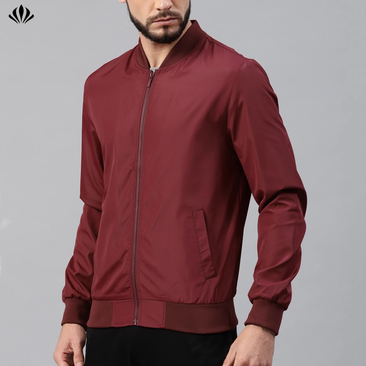 Wholesale Custom Printing Men Red 100% Polyester Long Sleeve Hip Hop Jacket Men Maroon Solid Bomber Jacket