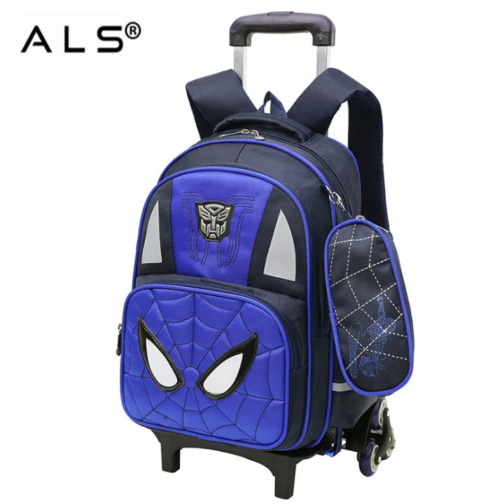 
Cartoon Detachable Children Trolley School Bag With Three Wheel Spiderman Trolley Backpack 