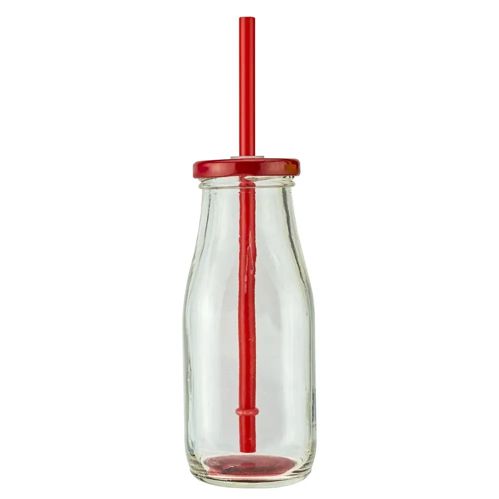 
10oz glass milk drinking bottle with metal cap and straw wholesale 