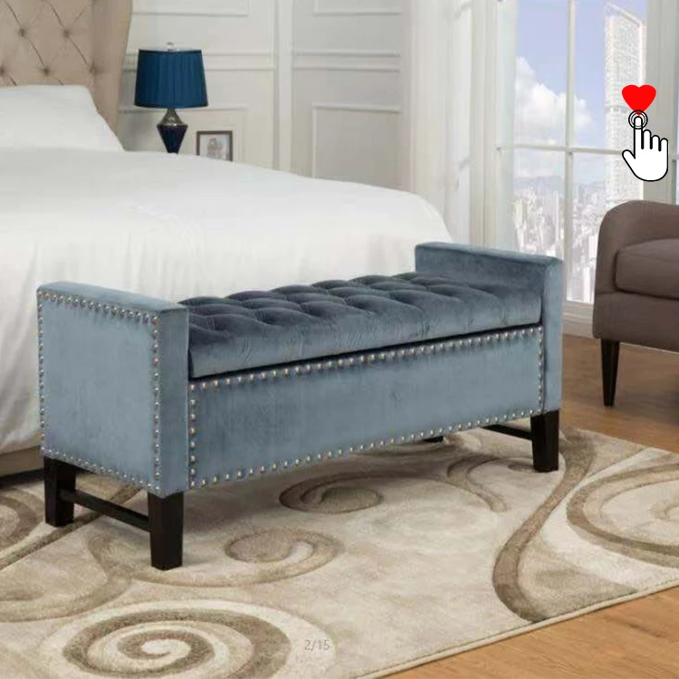 China wholesale bedroom furniture blue velvet storage ottoman stool