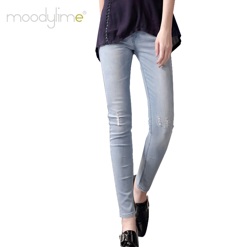 
Moodylime Light blue jeans sweet skinny High waist with elastic hot sale slim fit women jeans 