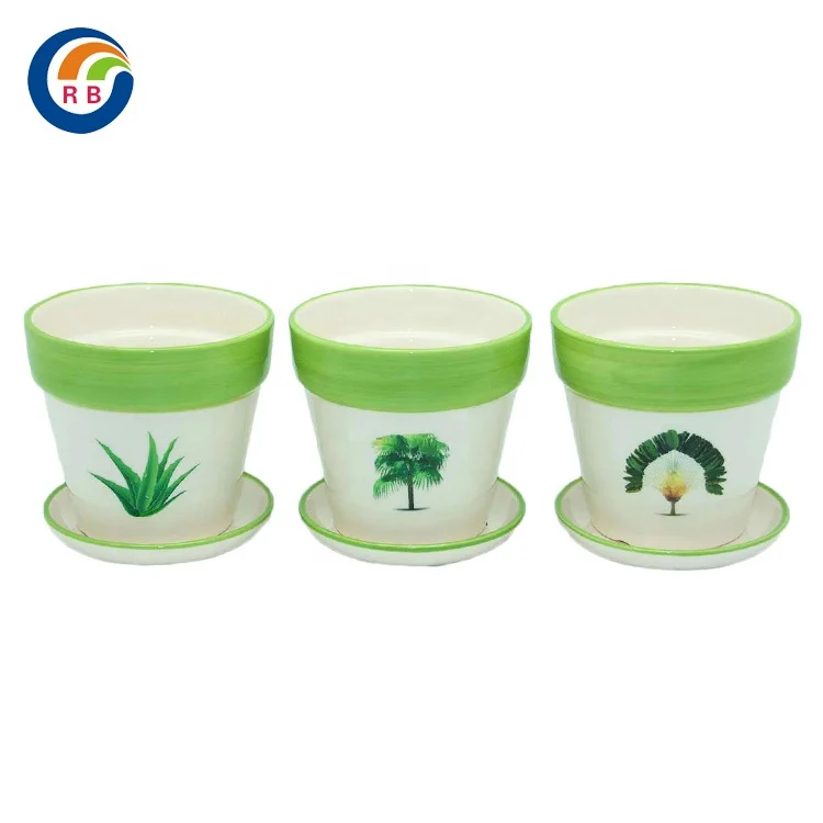 Small Green Tropical Themed Ceramic Flower Planters with saucer for Succulents and Cactus Set of 3
