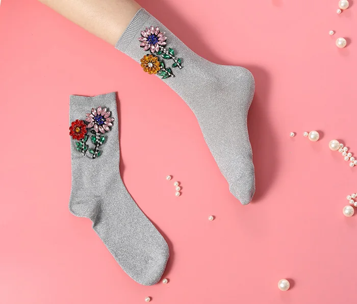 Женские носки со стразами, новинка, весенние носки до щиколотки с драгоценными камнями и цветами