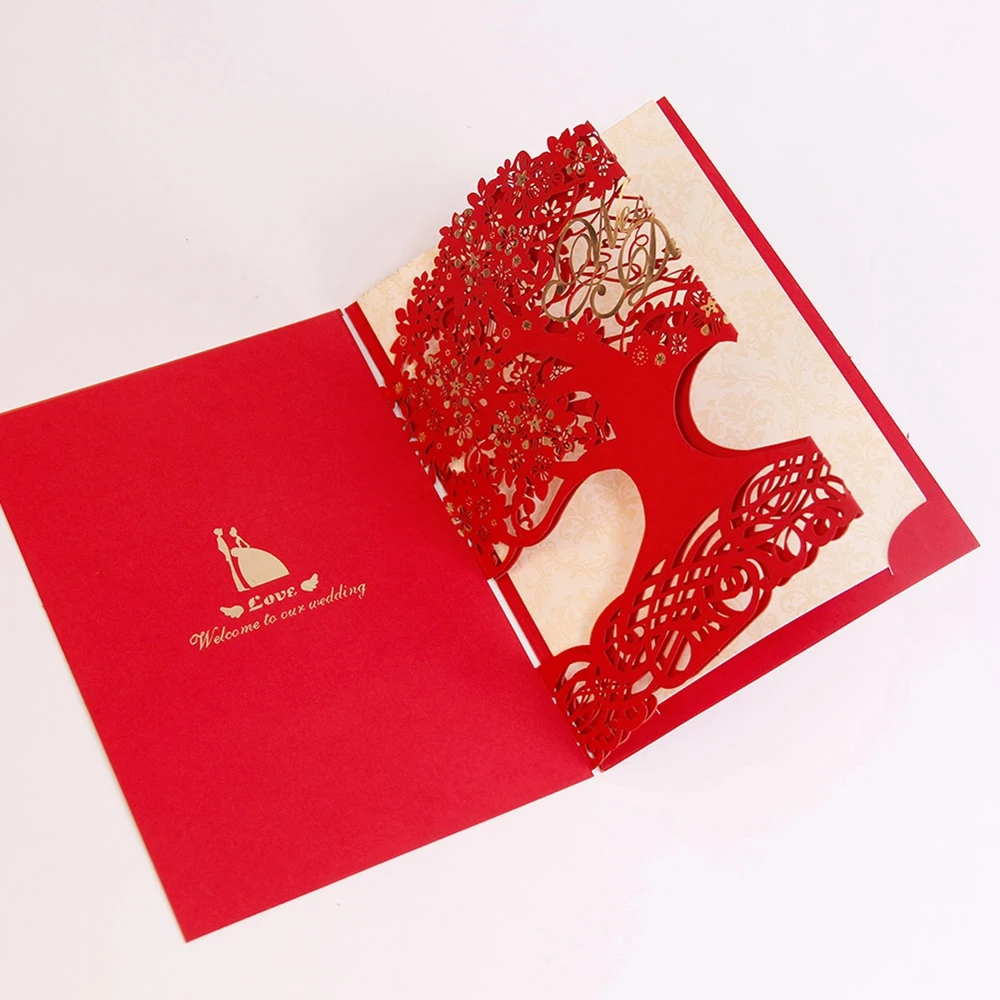 
Laser Cut Tree Wedding Invitations Cards Personalized Customized Printing with Envelope Red and Gold Color 