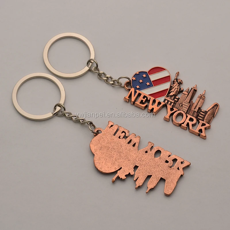 Antique Bronze Plating America Flag New York Tourist Souvenir Gift Keychain