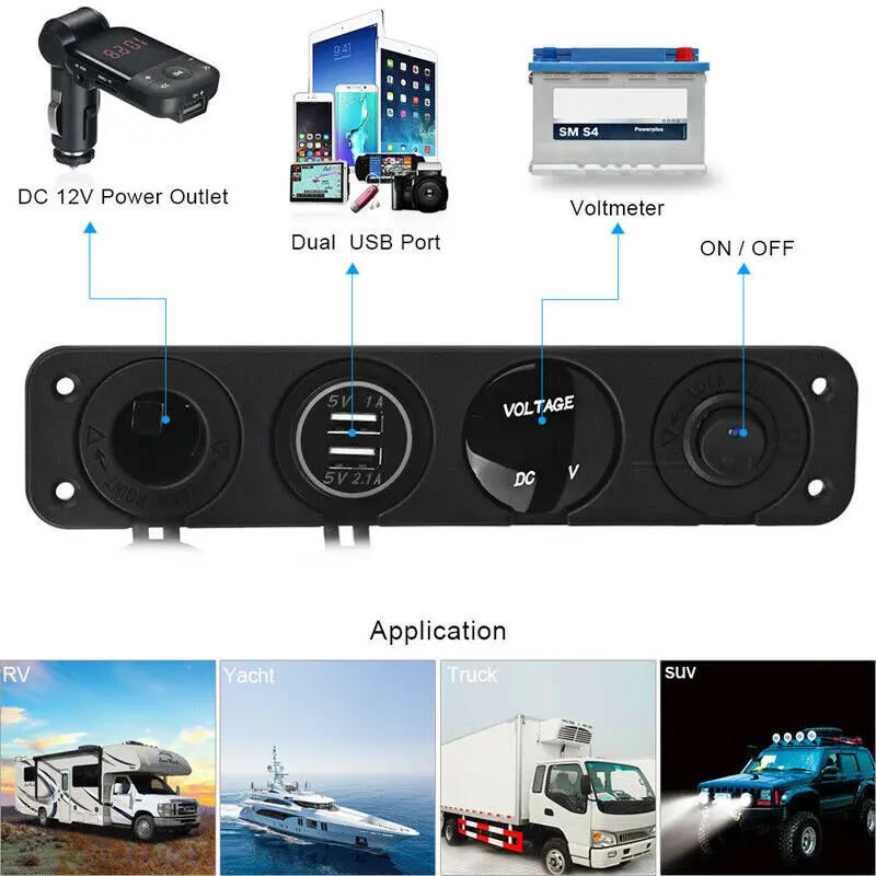 DC 12V LED Switch Panel Voltmeter Volt Dual USB Charger Socket adapter