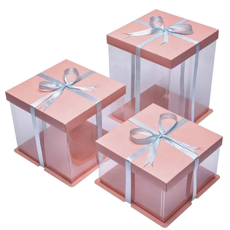
Food Grade Custom Transparent PET Plastic Clear Decorative Wedding Square Cake Box with logo 