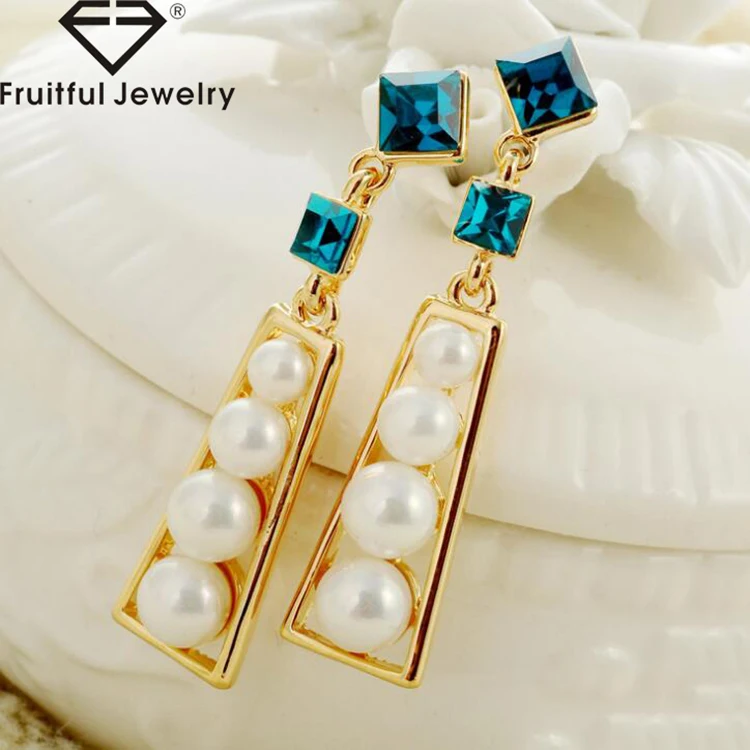 2017 New Model Fashion three pearls kc gold rectangle border blue prismatic Rhinestone women girl party jewelry charm earring