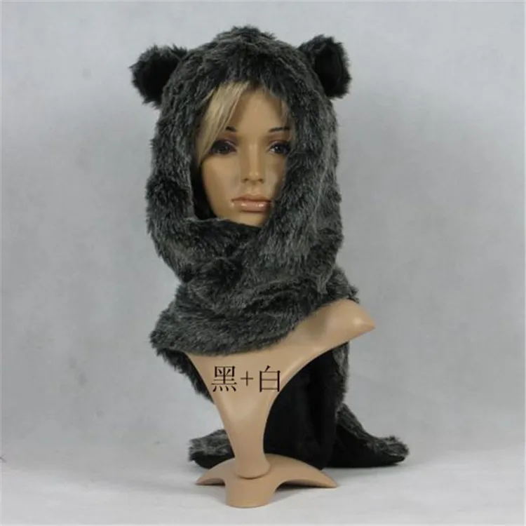 Fur Hood Hat with Ears Handmade Sewed faux plush scarf hat