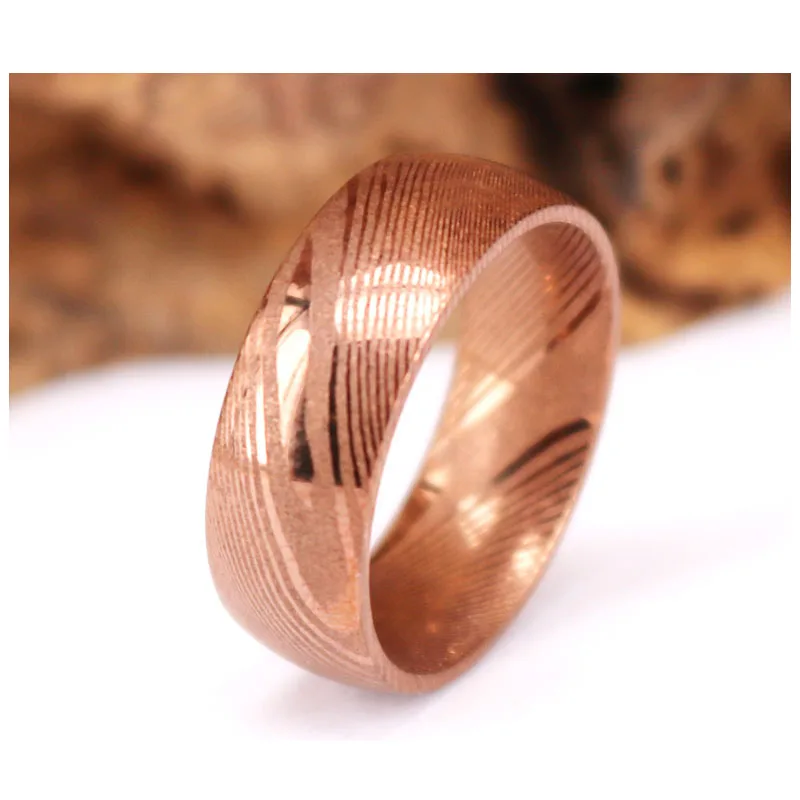 Cool Unique Men Women Rose Gold Pure Damascus Steel Wedding Ring