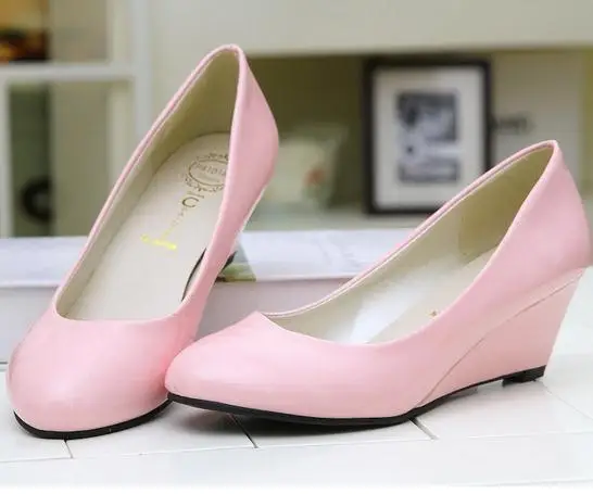 2015 Latest design korean style candy color women shoes round toe high wedge heel fancy formal ladies work shoes