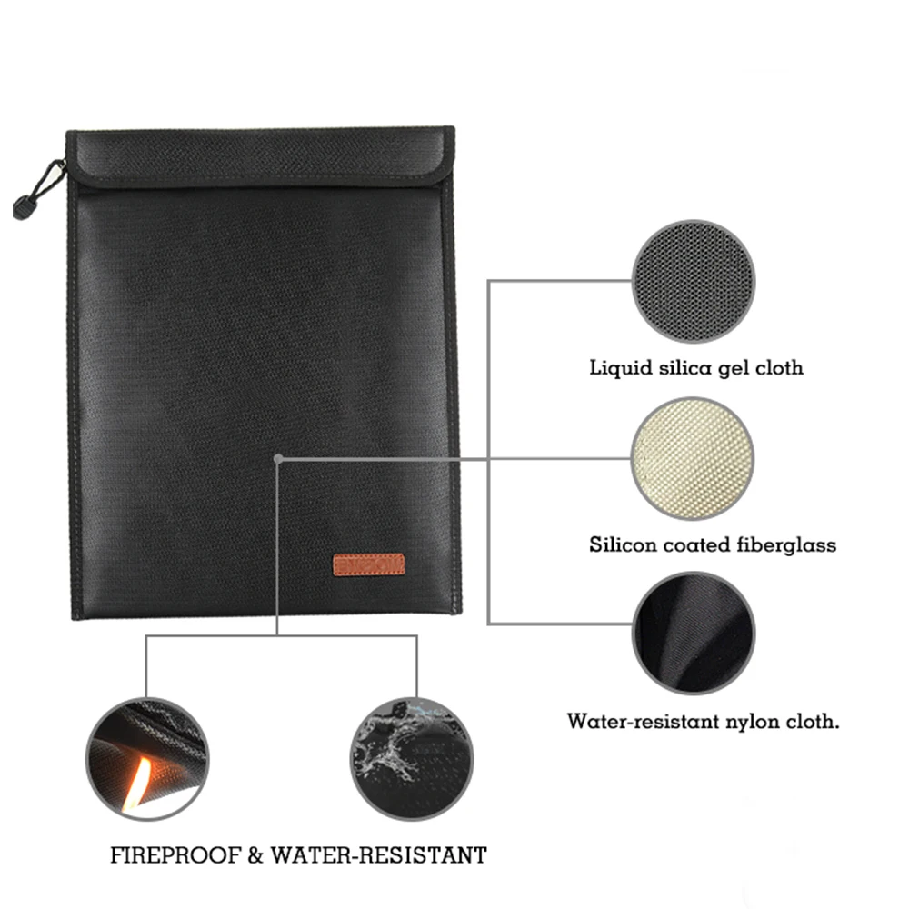 Fireproof bag fiberglass, fire resistant document bag Black