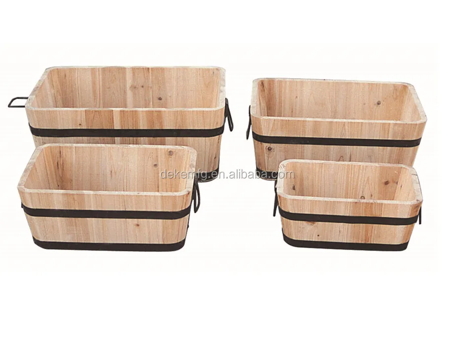 Natural Garden Pot Boxes Set of 4 Indoor Outdoor Wood Barrel Planter With Drainage Holes Wooden Flower Planter Wooden Bucket