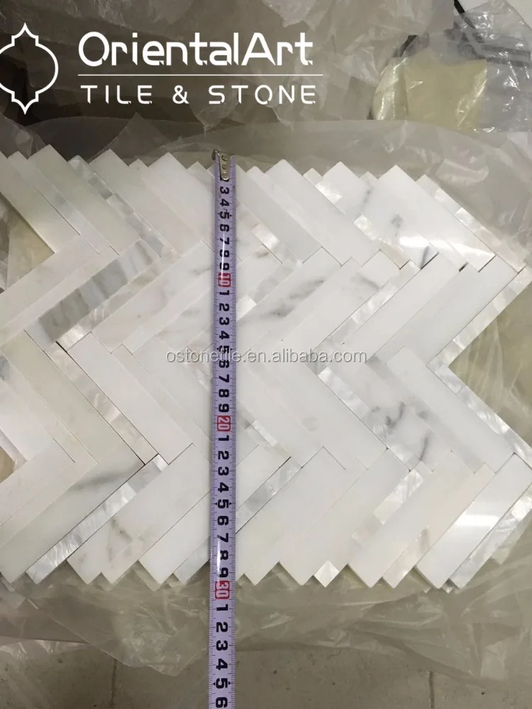 Italian calacatta white marble and mother of pearl shell mosaic tile backsplash