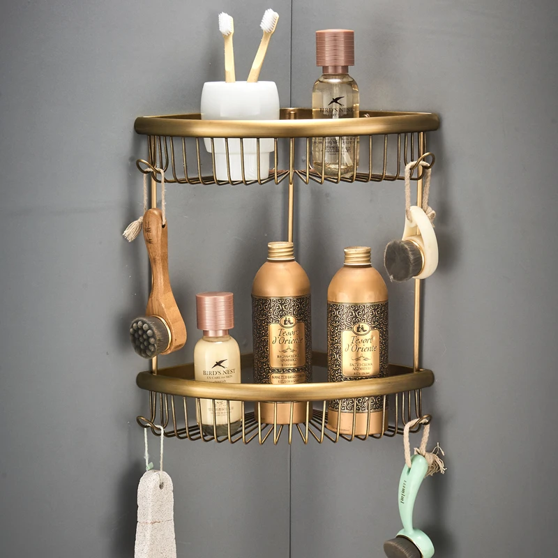 Wall Mount Brass Dual Tiers Shower Shelf Hanging Bathroom Corner Shelf Wire Shower Basket