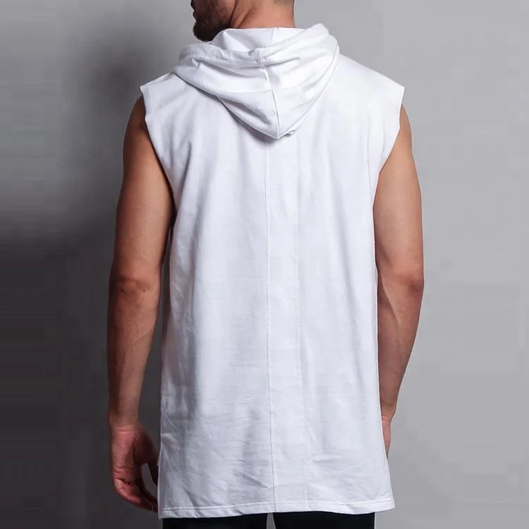 Mens Custom Work Out Gym Pullover White Tail Longline Muscle Sleeveless Hoodie