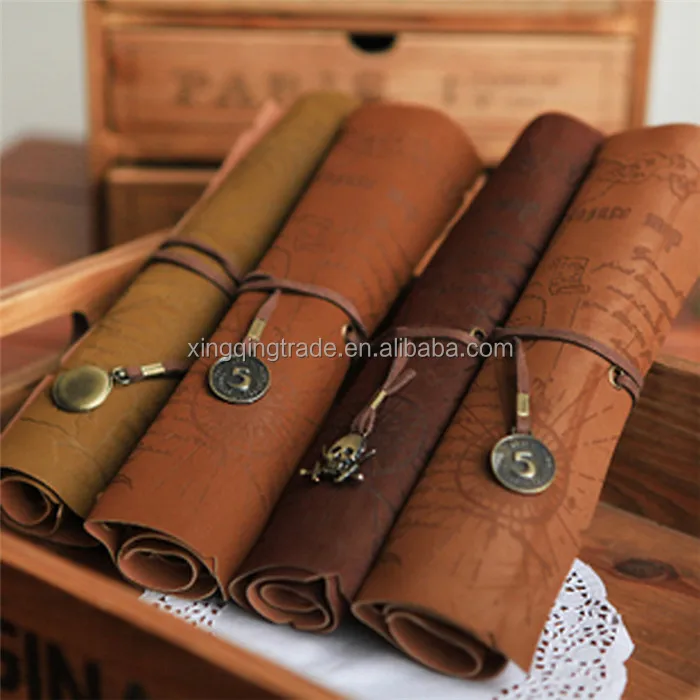 Retro Vintage Pirate Roll Up PU Leather Pen Pencil Case Bags Treasure Map Kid Party Gift Favor Make up Cosmetic Bag