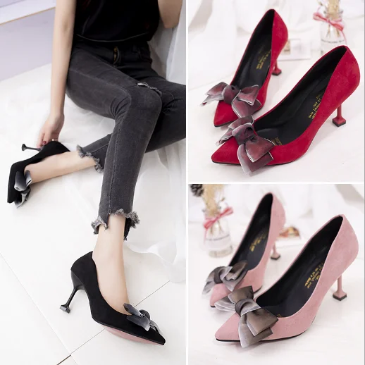 New design factory wholesale custom ladies daily casual fashion classic pointed toe bowknot high heel elegant women shoes