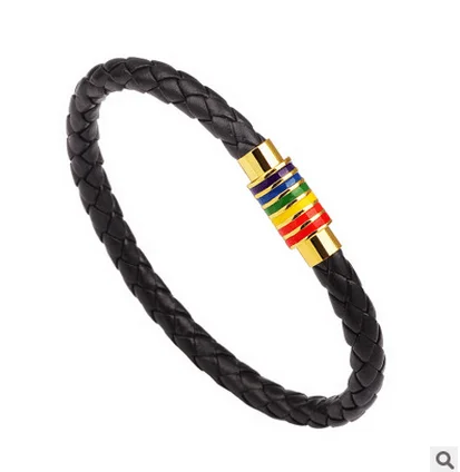 2017 Fashion Men Rainbow Jewelry Charm Genuine leather Bracelet Stainless Steel Magnetic Buckle Accessories Gay Pride Bracelet