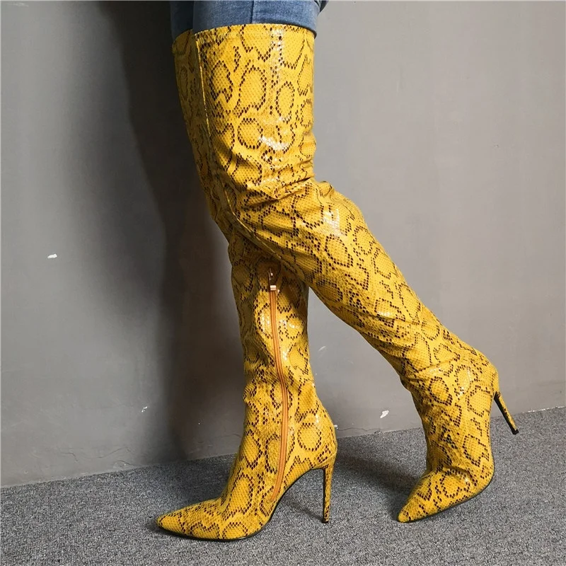 Пикантные модные заостренные туфли на шпильке на очень высоком каблуке выше колена женские длинные сапоги из змеиной кожи