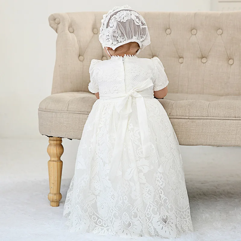 Wholesale infant girl boutique clothing toddler frocks designs short sleeve white lace baptism dress little girls party dress