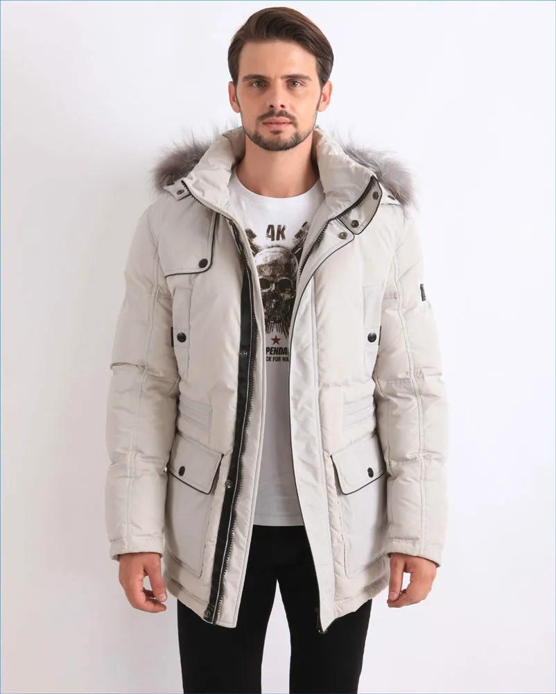 Winter Feather Down Filled Coat White Parka Fur Hooded for Men
