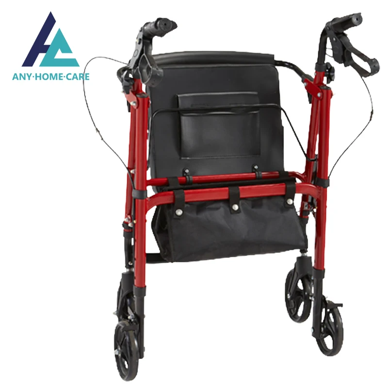 Red colour height adjustable aluminium rollator walker with handle and brakes