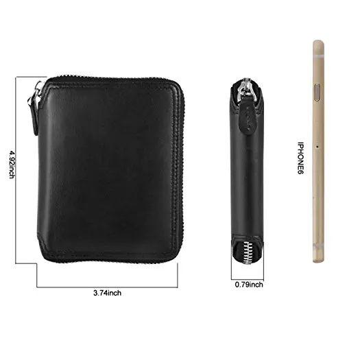 Large Capacity Men RFID Blocking Wallet Genuine Full Grain Black Leather with Zip Around Opening Trifold
