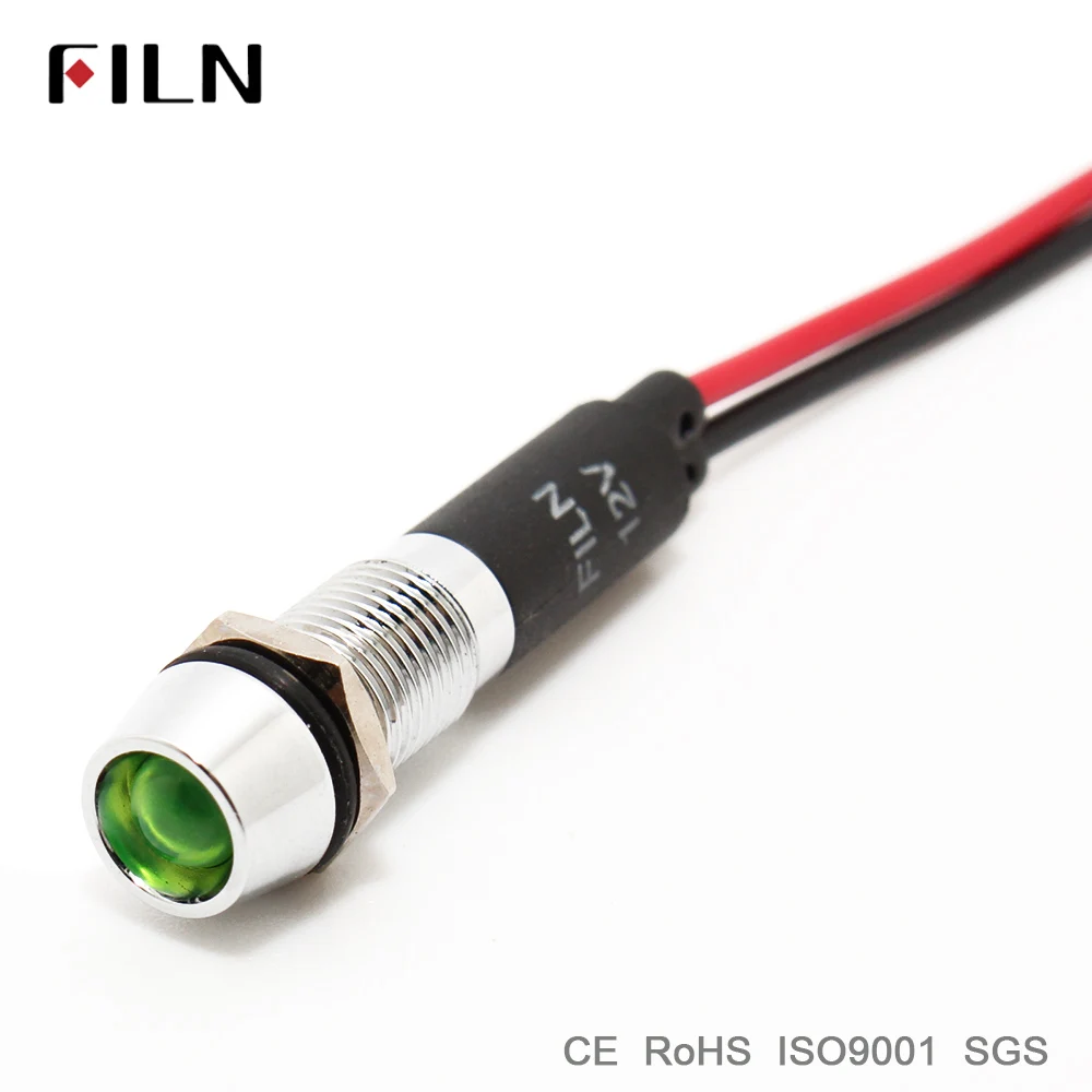 CE approved 8mm 12 volt 24V 110V 220V metal red green waterproof led panel indicator light with 20cm wire