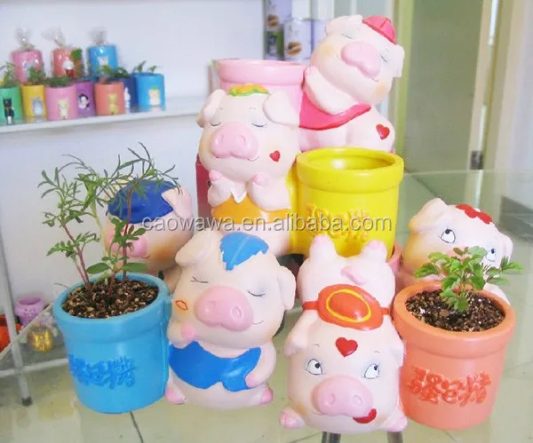 mini plant doll magic bean with pig shape ceramic pot