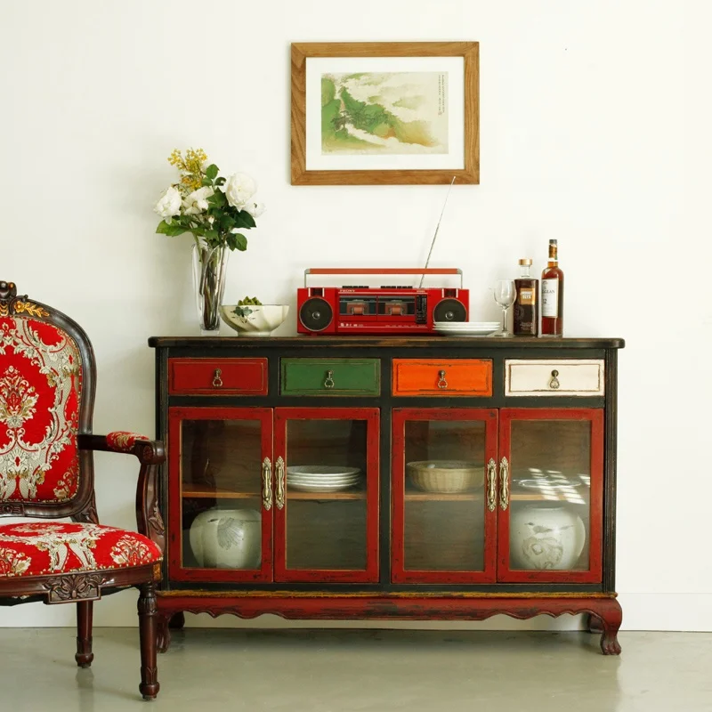 Retro cabinet taylor wood furniture Bespoke customizable furniture Vintage Distress Paint Glossy Storage Sideboard
