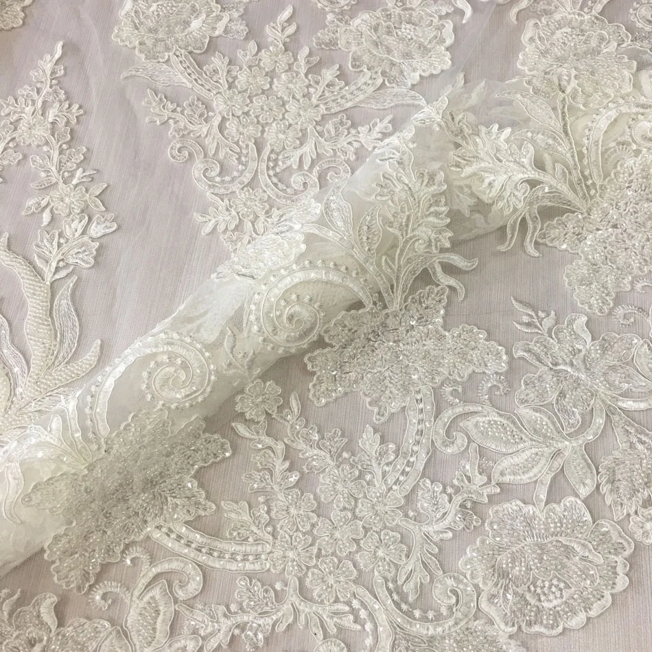 high quality machine beaded embroidered bridal lace fabric luxury embroidery beads sequins dress fabric