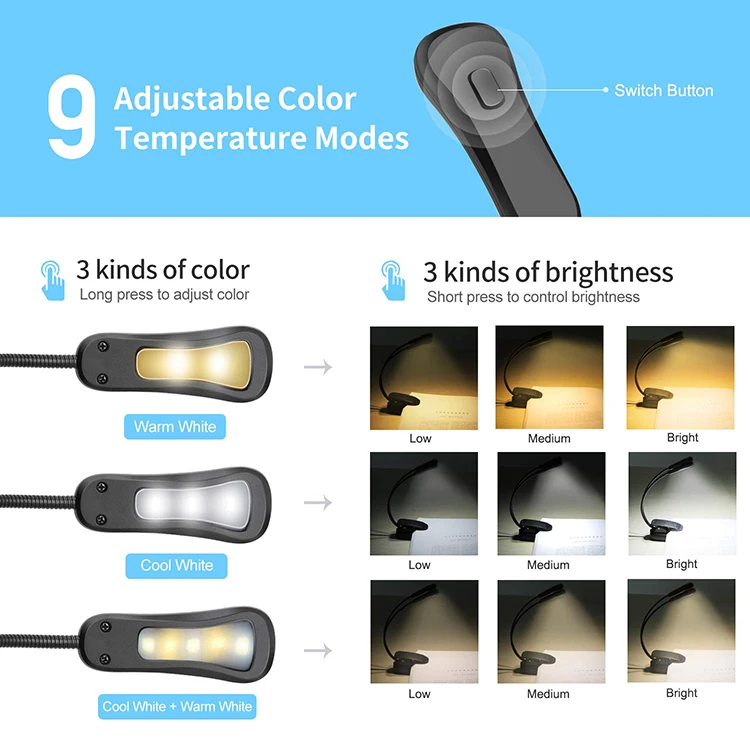 Гибкая легкая прищепка на 5 или 9 уровней яркости холодный и теплый свет лампа для чтения мягкая настольная лампа для ночного освещения
