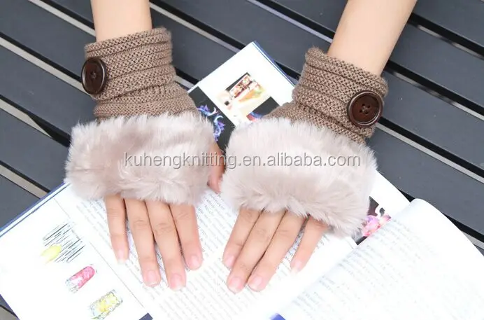 Women Winter Wool Blend Chic Knitted Fingerless Gloves Hand Warmer Turnover Cuff Thumb Hole Arm Warmers Mittens With Fake Fur