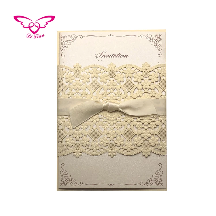 Laser Cut And Embossing Flower Belly Band  Invitation  Card  Gold Ribbon Bow Wedding Invitations