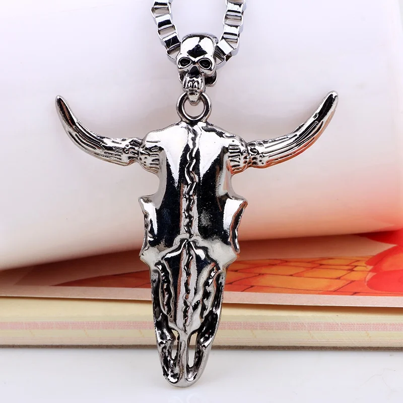 Vintage Mens Metal Chains Alloy Skull & Cow Head Pendant Necklace