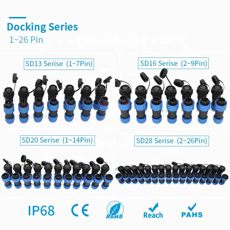 IP68 waterproof connector male & female SD SP13-16-20-28 2/4/5/6/7/9/14 3-pin  LED butt wire cable connector aviation plug