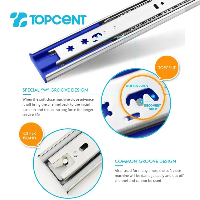 Topcent I-shaped ball bearing buffer furniture telescopic channel soft close cabinet drawer slide