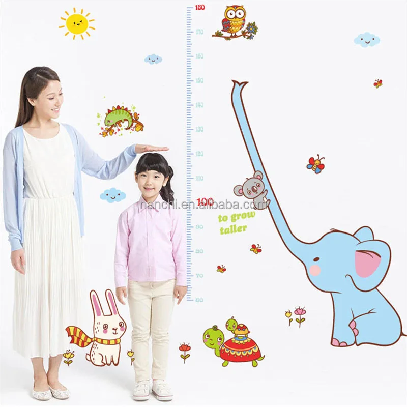 Cute Elephant Animals Stack Height Measure Wall Stickers Decal Kids Adhesive Vinyl Wallpaper Mural Baby Kids Room Nursery Decor