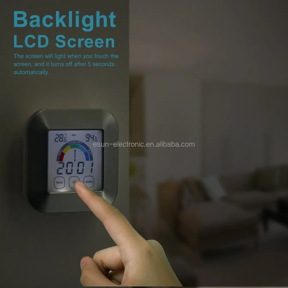 Indoor Thermometer Temperature Humidity Monitor with Smart Touchscreen Backlight Built-in Clock & Timer Digital Hygrometer