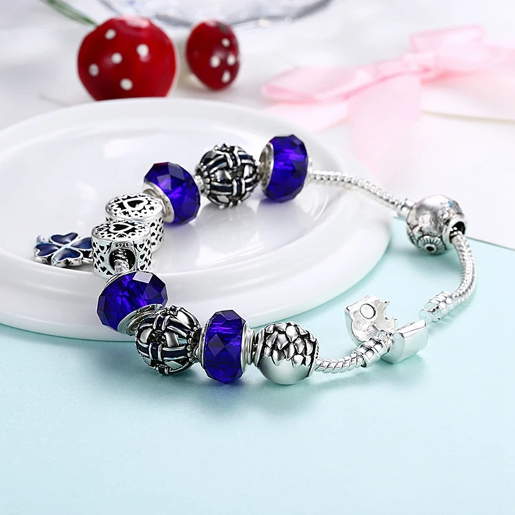 Fashion Silver Color Sapphire Glass Beads Bracelet Four Leaf Clover Enamel Metal Charm Bracelet for Women