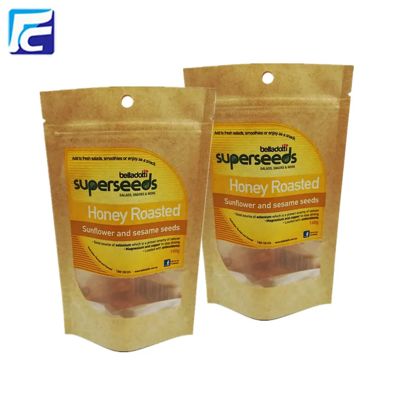 Brown and White Kraft Paper Standing Up Zipper Doypack Pouches Food Packaging Ziplock Bag Window