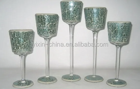 Silvery Mosaic Crackle Mirrored Glass Goblet Candle Holder