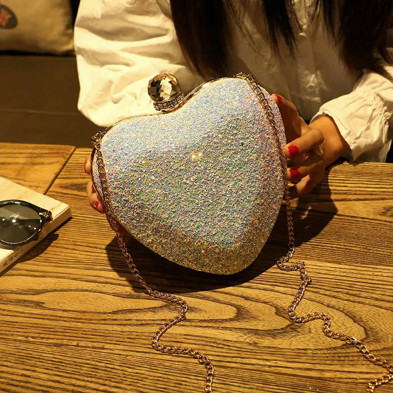 New Heart Shape Bridal Wedding Women Handbag Shiny Flash Sequins Rhinestone Chain Bag Shoulder Messenger evening bags for ladies
