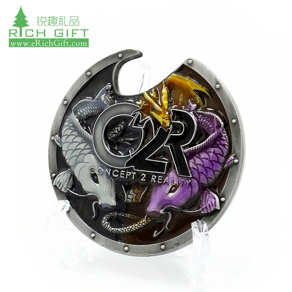 Free sample custom cute vivid coin metal nickel plating epoxy enamel 3D embossed carp fish logo coin bottle opener