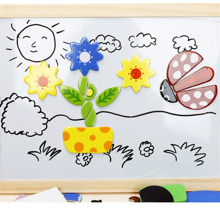 Hot Sale Educational Multi-function Wooden Easel Whiteboard Blackboard Kid Toy Cartoon Magnetic Puzzle