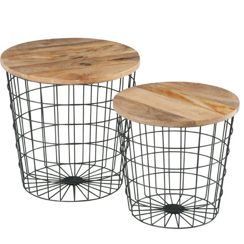 
Storage basket design metal wire frame coffee table set with solid wood cover 