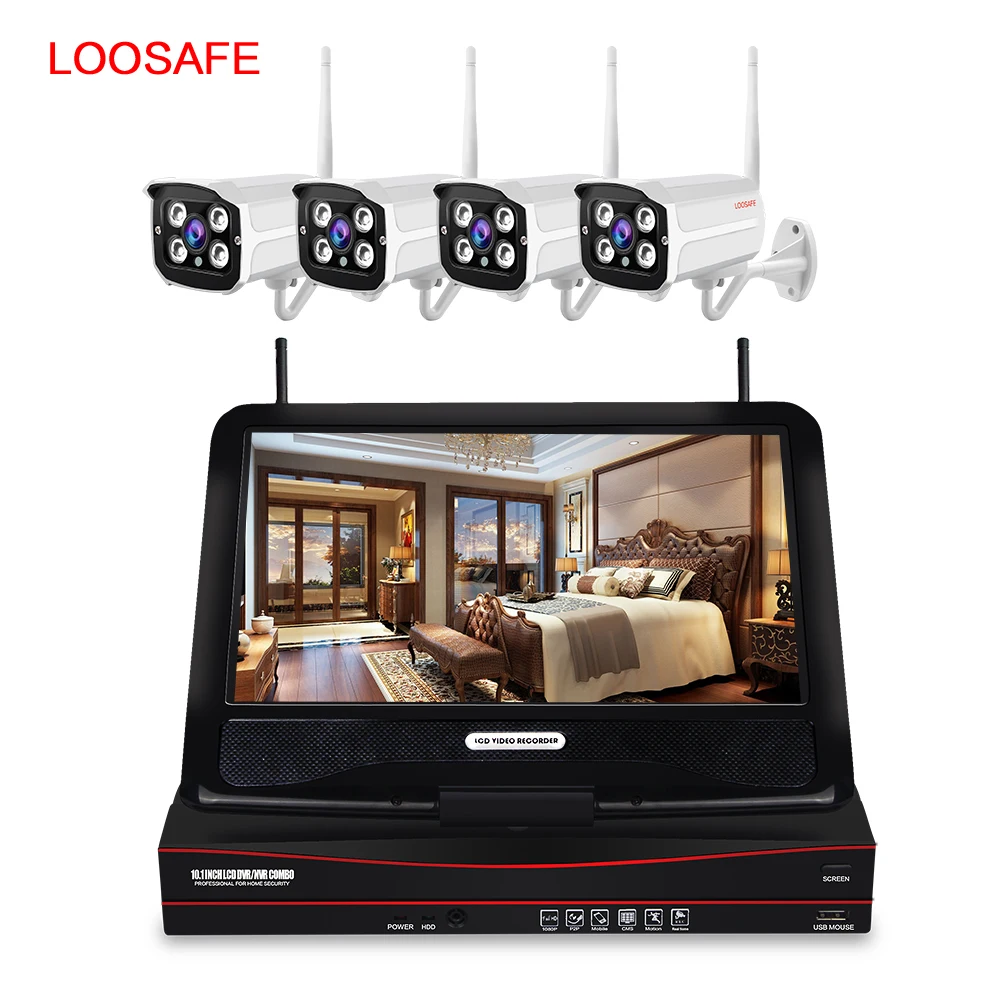  LOOSAFE 4ch Wi-Fi nvr kit 10-дюймовый экран 2mp камера ночное видение беспроводные камеры видеонаблюдения 1080p