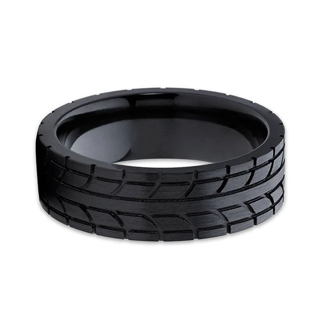 
Unique tire grooved ring cheap black titanium ring beautiful mans engagement ring 