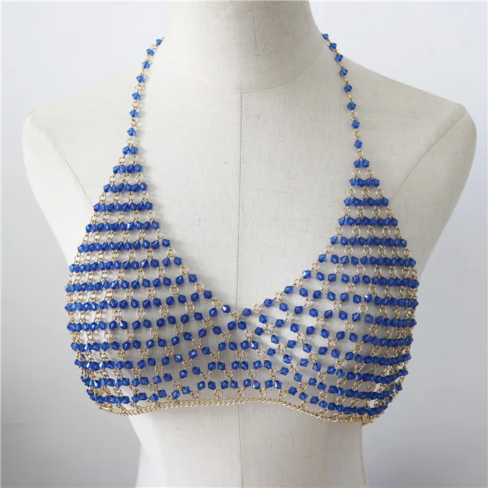 Sexy blue acrylic beaded Chain Bra Bikini bra